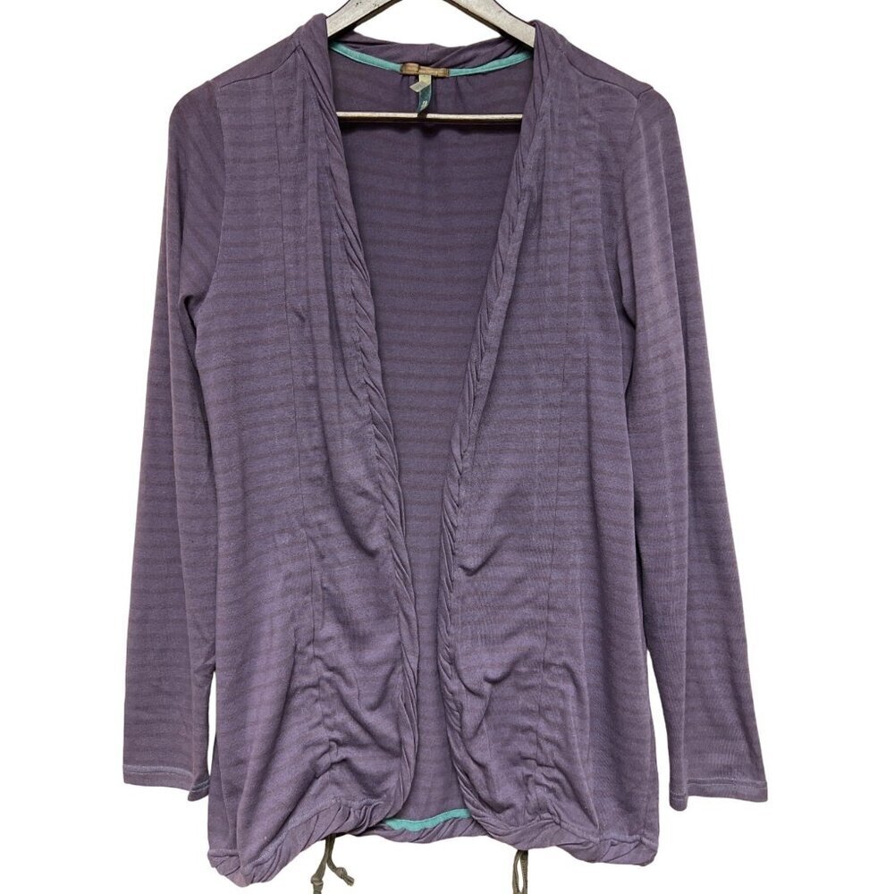 Matilda Jane Women's Sweater Cardigan Purple Open Front Ruched Stripe Medium